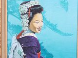 painting of a woman in a blue kimono sitting on a bench