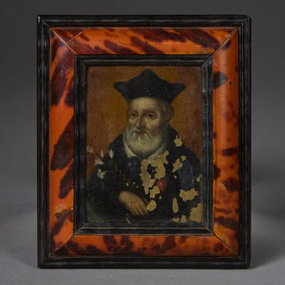 a painting of an old man in a black hat and black coat