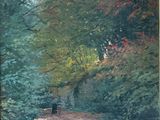 an oil painting of a park bench in the middle of a wooded area