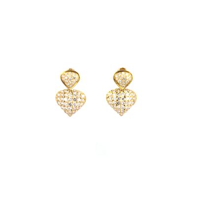 a pair of gold earrings with diamonds on a white background