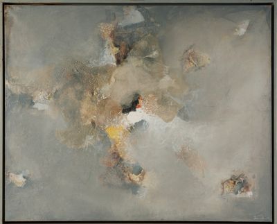 peinture abstraite représentant une femme en robe blanche et un homme en chemise jaune