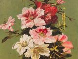 une peinture à l'huile représentant un bouquet de fleurs sur fond vert