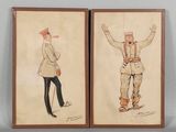 deux dessins encadrés représentant un homme et une femme en uniforme