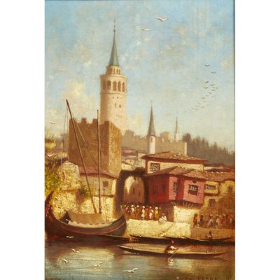 peinture représentant une vue d'un port avec des bateaux et une tour horloge