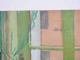 a painting on the wall of a room with a vase of flowers in it
