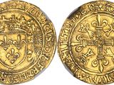 a gold coin with a crown on the front and a shield on the back