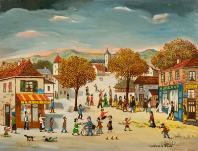 painting of a street scene with people walking and playing in the street