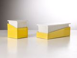 deux récipients jaunes et blancs posés sur une table blanche