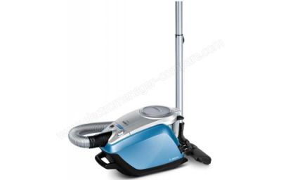 a blue and silver vacuum cleaner on a white background