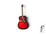 an image of a red acoustic guitar sitting on top of a white surface