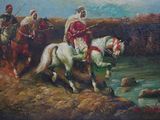 un tableau représentant un homme à cheval au bord d'un plan d'eau