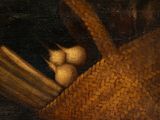 an oil painting of a basket with a bird inside of it