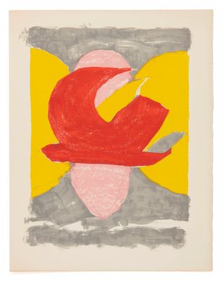 une peinture représentant une œuvre abstraite rouge et jaune sur fond blanc