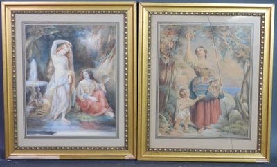 deux tableaux encadrés représentant une femme et un homme dans un paysage