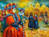 une peinture à l'huile représentant une femme en robe rouge tenant une canne