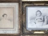 two framed pictures of a baby and a baby sitting in a chair