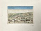dessin représentant une vue d'une ville avec un château au premier plan