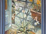 une peinture représentant une plante en pot posée sur une table devant une fenêtre