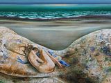 a painting of a woman laying on a rock on the beach