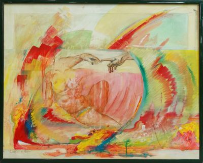 tableau représentant une femme en robe rose tenant un oiseau dans la main