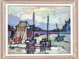 a painting of a harbor scene with boats in the water