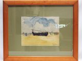 framed watercolor painting of a fishing boat on the beach