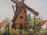 a painting of a windmill in the middle of a field