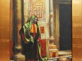 tableau représentant un homme vêtu d'une robe verte, debout devant une porte