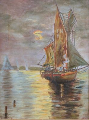 une peinture à l'huile représentant un voilier sur l'eau, avec la pleine lune en arrière-plan