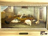 a painting of chickens and chickens in a barn