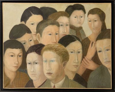 un tableau représentant un groupe de personnes debout ensemble