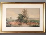 peinture d'un paysage avec une rivière et des arbres au premier plan