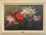 an oil painting of flowers in a vase on a table