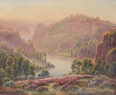 painting of a landscape with a river and mountains in the distance