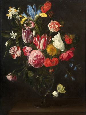 painting of a vase of flowers on a table in a dark room