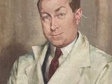 painting of a man in a white suit and tie with a cigarette in his mouth