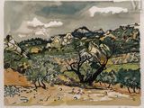 une image représentant un tableau représentant un paysage avec des oliviers