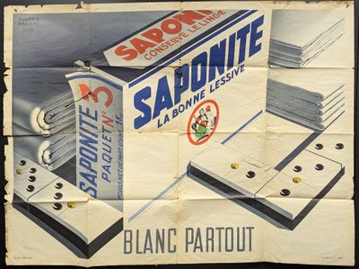 une affiche représentant une partie de dominos, sur laquelle figure une boîte de dominos
