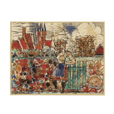 drawing of a painting of a man and a woman in front of a building
