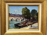 un tableau représentant des bateaux sur l'eau près d'un pont