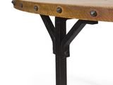 a close up of a wooden table with metal legs on a white background