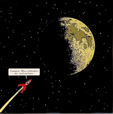 a cartoon picture of a rocket flying in front of the moon