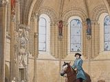 a painting of a man riding a horse with a dog