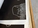 a black and white drawing of a person on a skateboard in a box