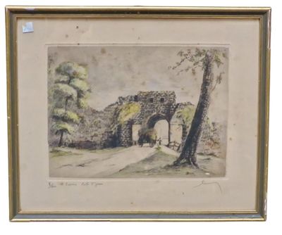an image of a painting of a stone arch in a park