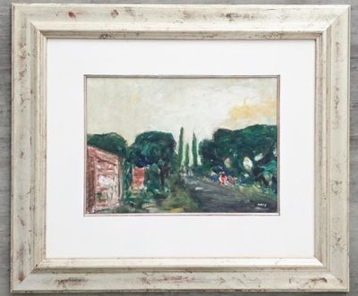 an image of a painting of trees and buildings in a white frame
