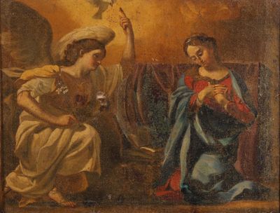 painting of an angel and a woman sitting on a couch with a dove