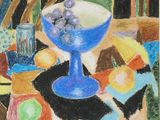 tableau représentant un bol bleu rempli de raisins et d'oranges posé sur une table