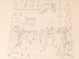 drawing of a group of people standing in front of a statue