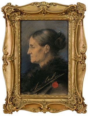 portrait d'une femme avec une rose dans les cheveux, dans un cadre doré